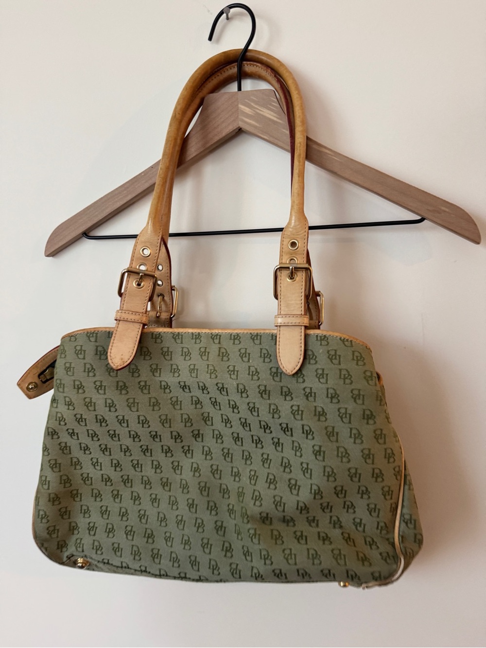 Dooney & Bourke Olive Signature Jacquard Satchel with Tan Leather Handbag